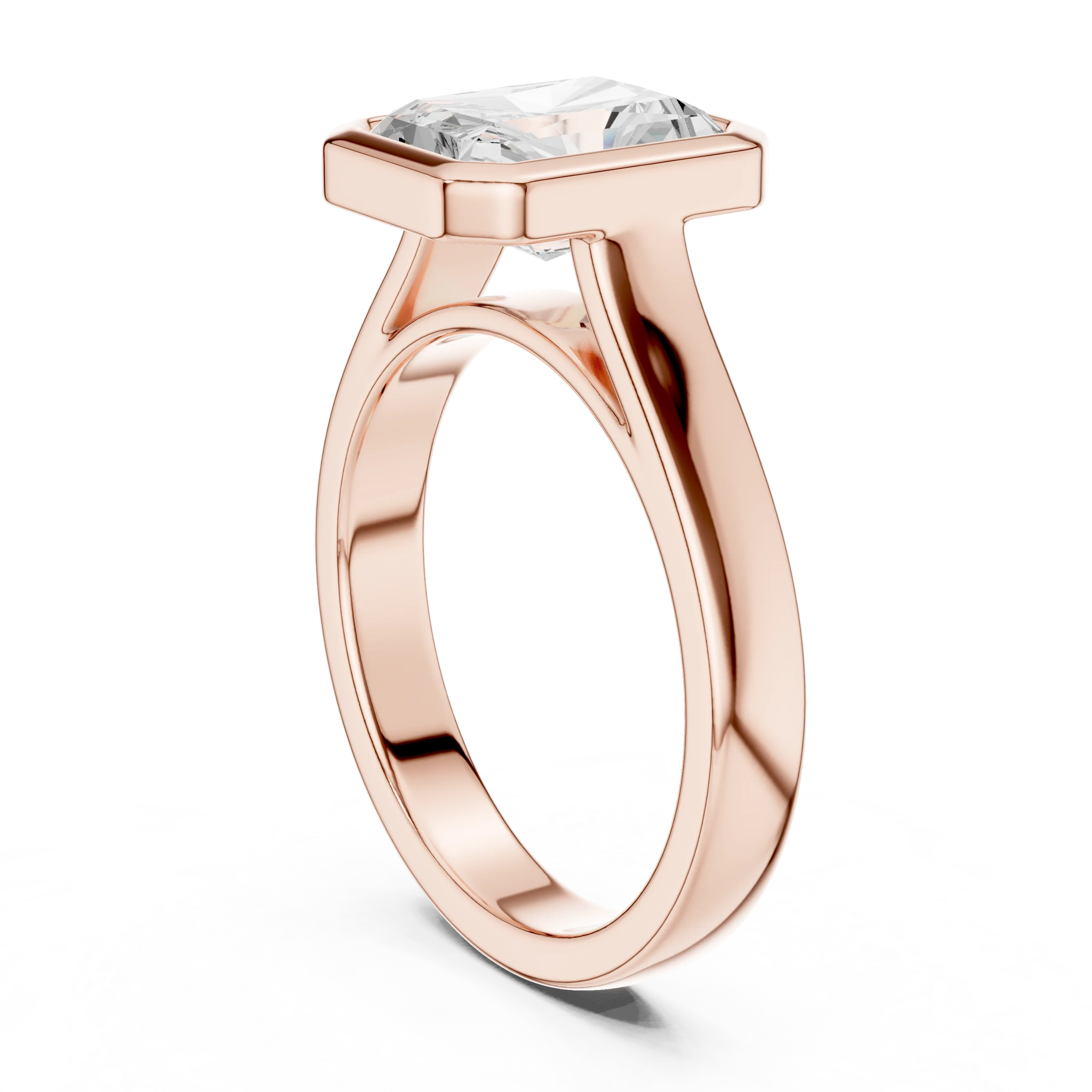 Back view of rose gold radiant full bezel solitaire ring with wide flat band and lab-grown diamond – Australia