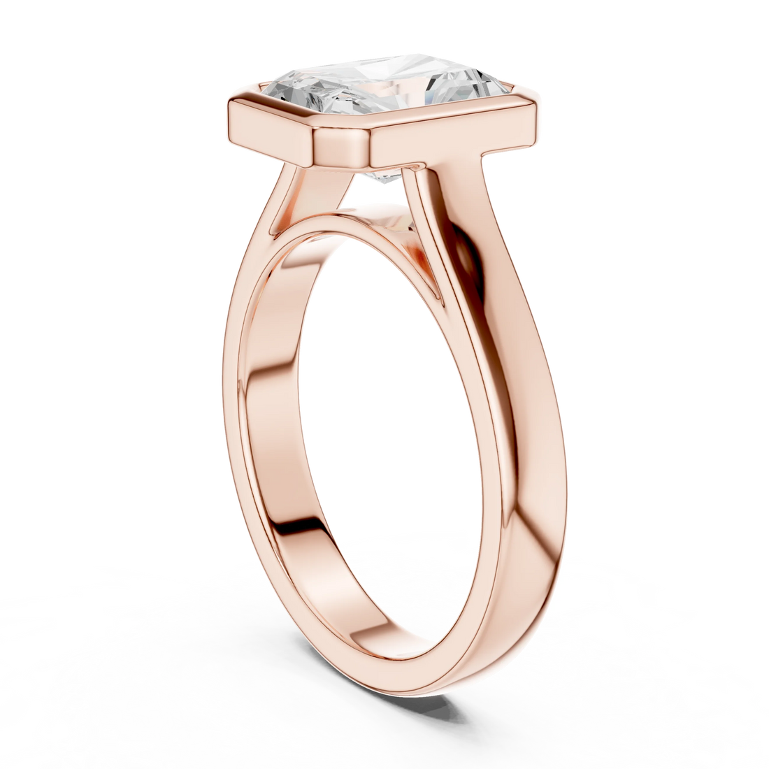 Back view of rose gold radiant full bezel solitaire ring with wide flat band and lab-grown diamond – Australia