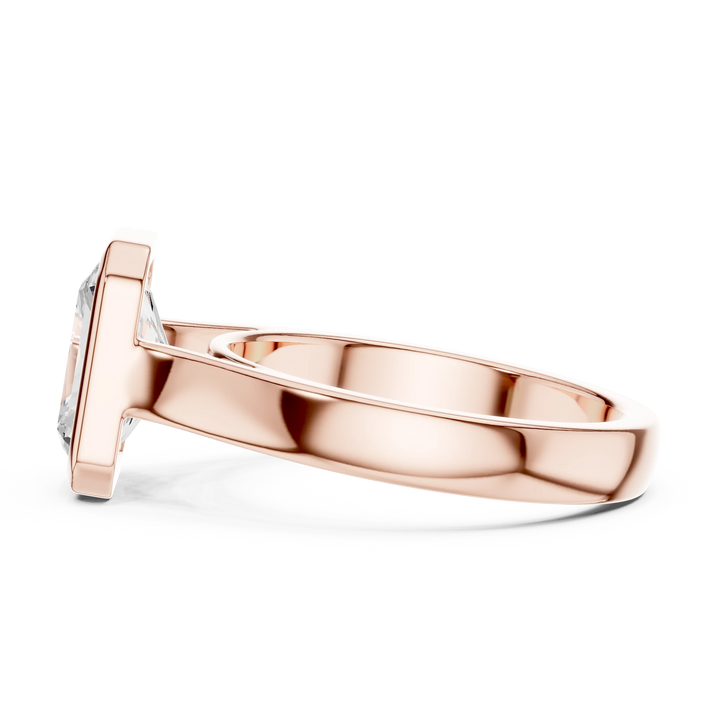 Side view of rose gold radiant full bezel solitaire ring with wide flat band and lab-grown diamond – Australia