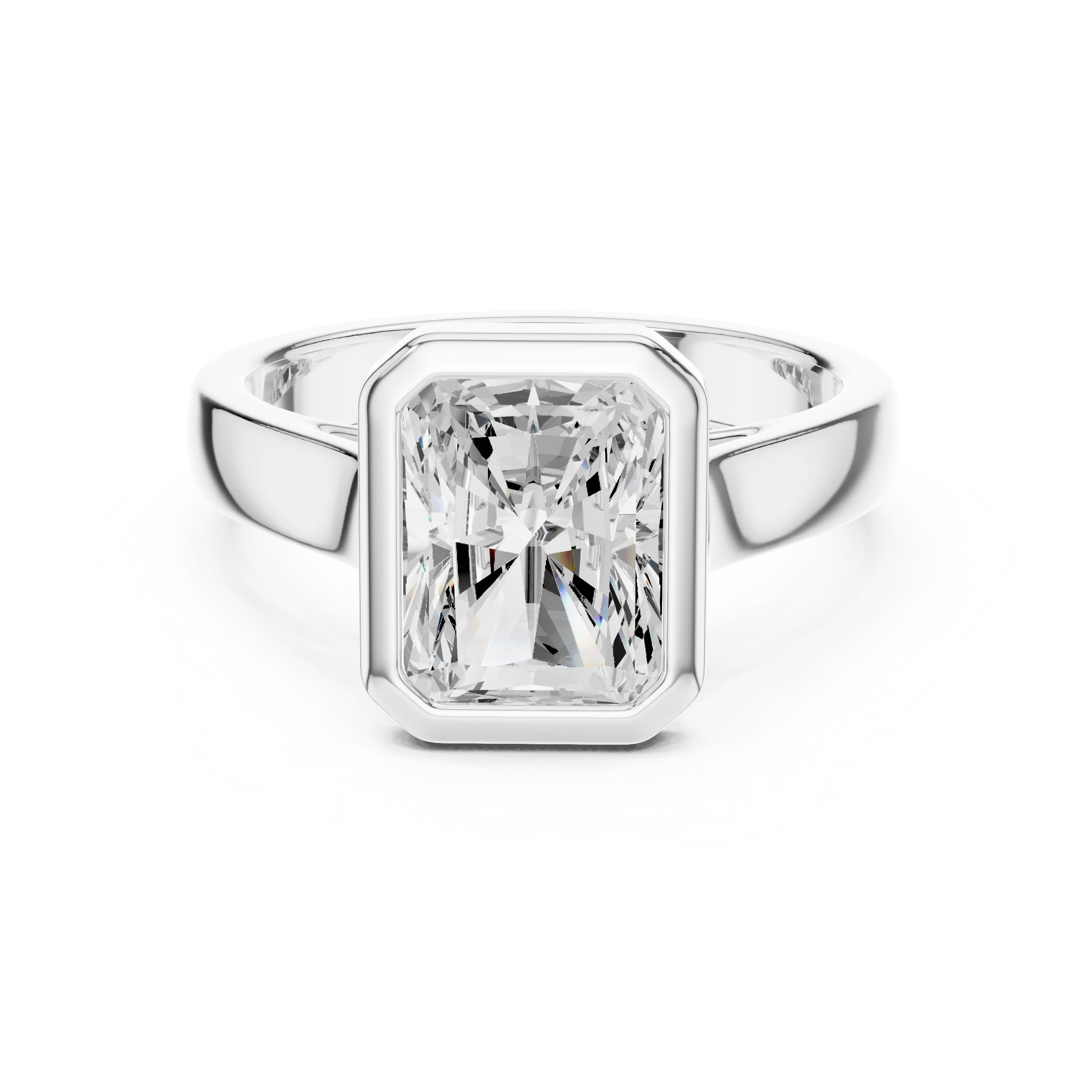 Radiant full bezel solitaire ring in white gold with wide flat band and lab-grown diamond – Australia