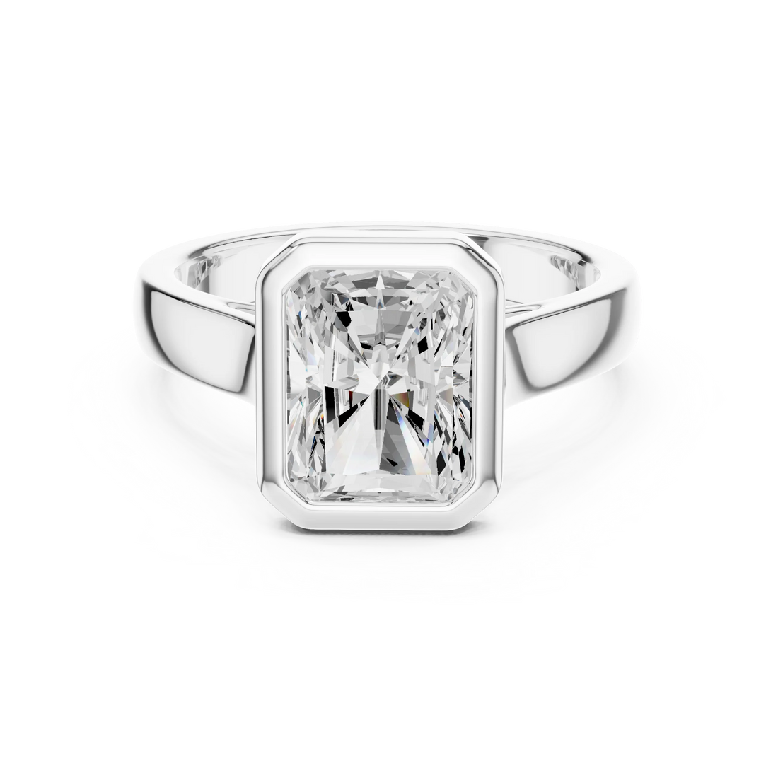 Radiant full bezel solitaire ring in white gold with wide flat band and lab-grown diamond – Australia
