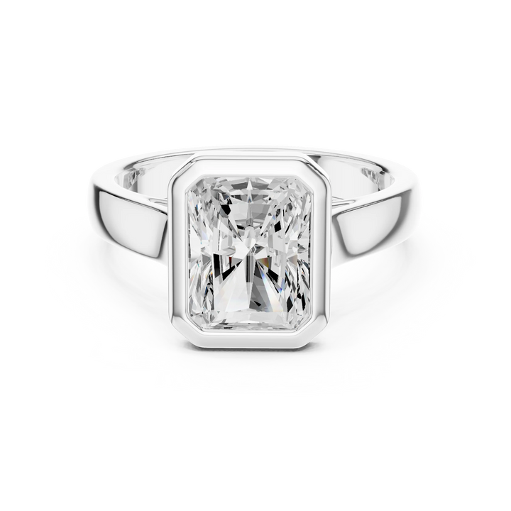 Radiant full bezel solitaire ring in white gold with wide flat band and lab-grown diamond – Australia