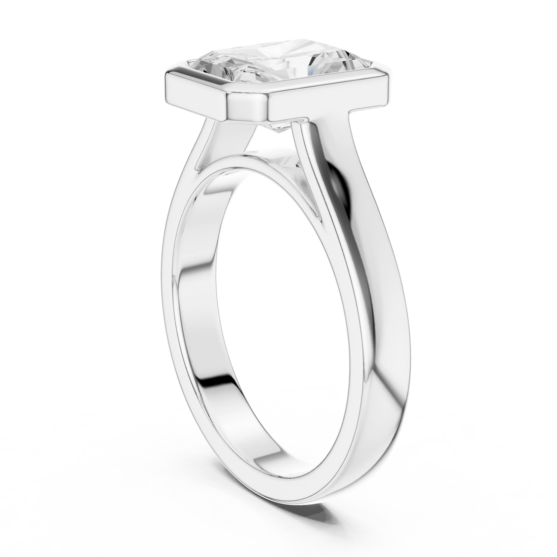 Back view of white gold radiant full bezel solitaire ring with wide flat band and lab-grown diamond – Australia