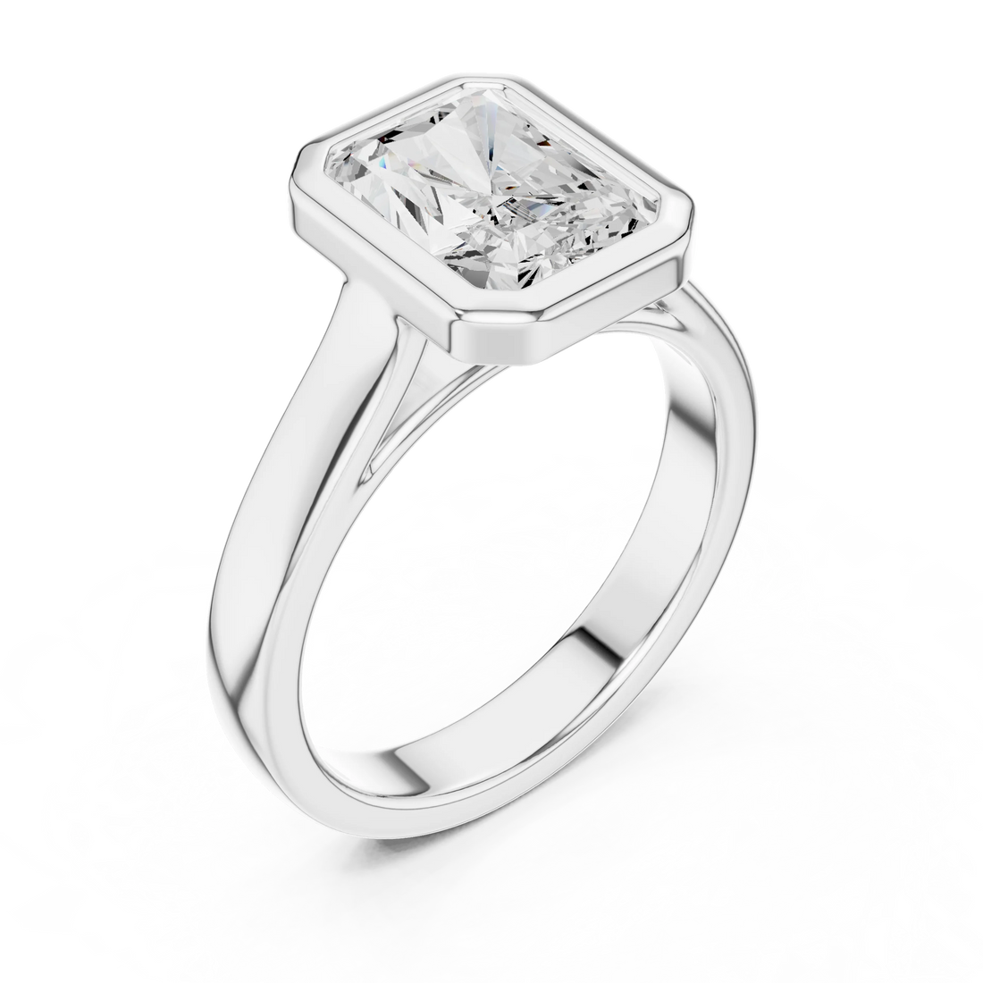 Front view of white gold radiant full bezel solitaire ring with wide flat band and lab-grown diamond – Australia