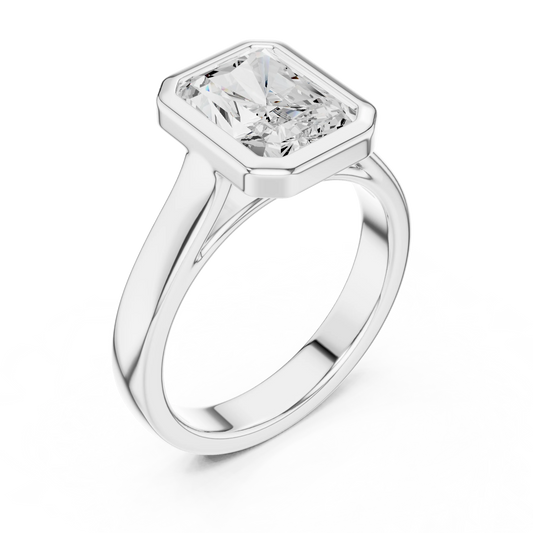Front view of white gold radiant full bezel solitaire ring with wide flat band and lab-grown diamond – Australia