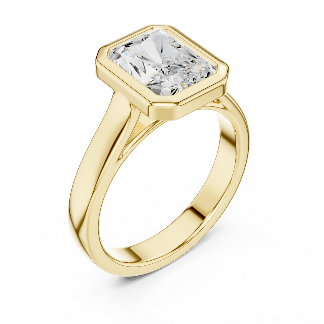 Front view of yellow gold radiant full bezel solitaire ring with wide flat band and lab-grown diamond – Australia