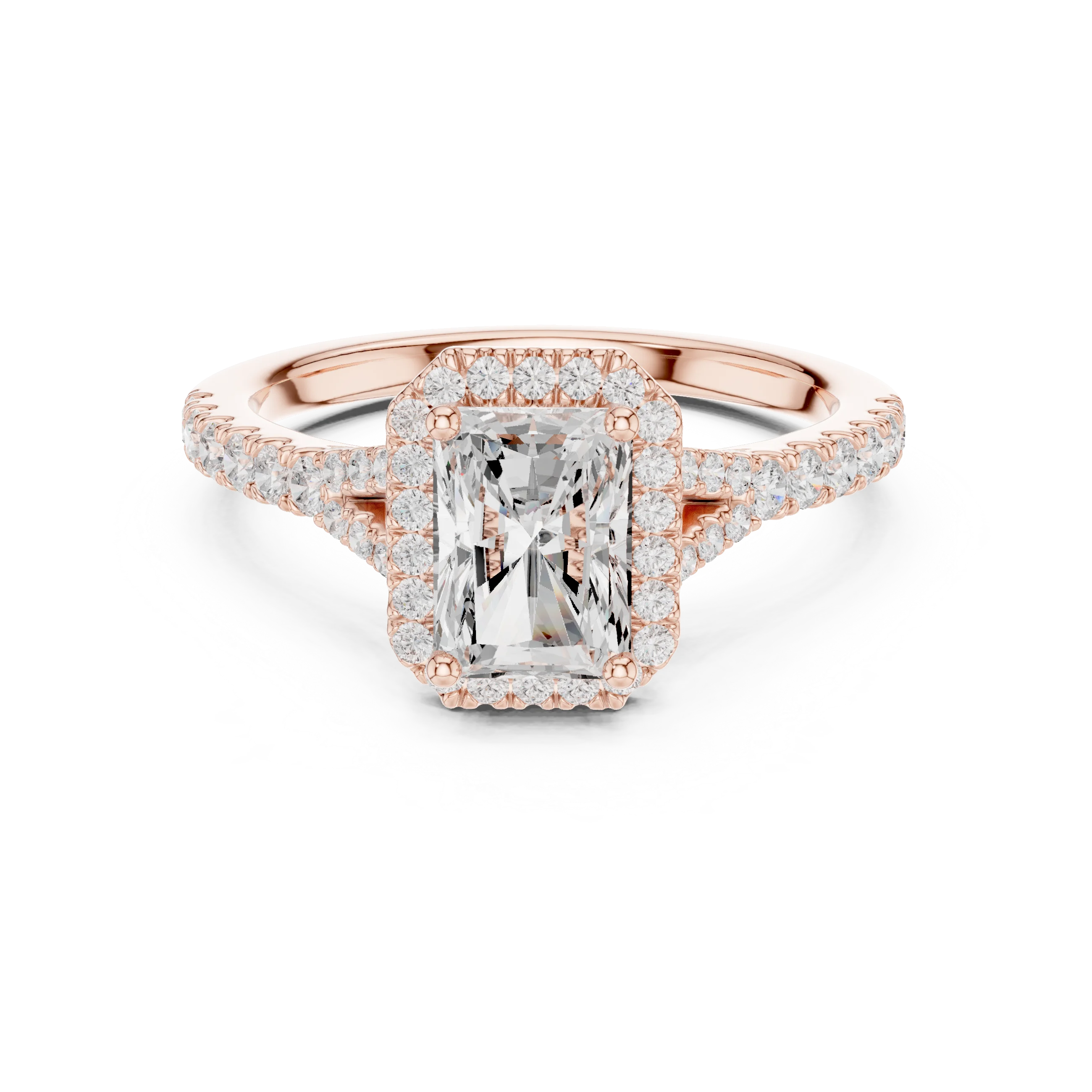 Lab-grown radiant halo diamond ring in rose gold with pavé split shank band