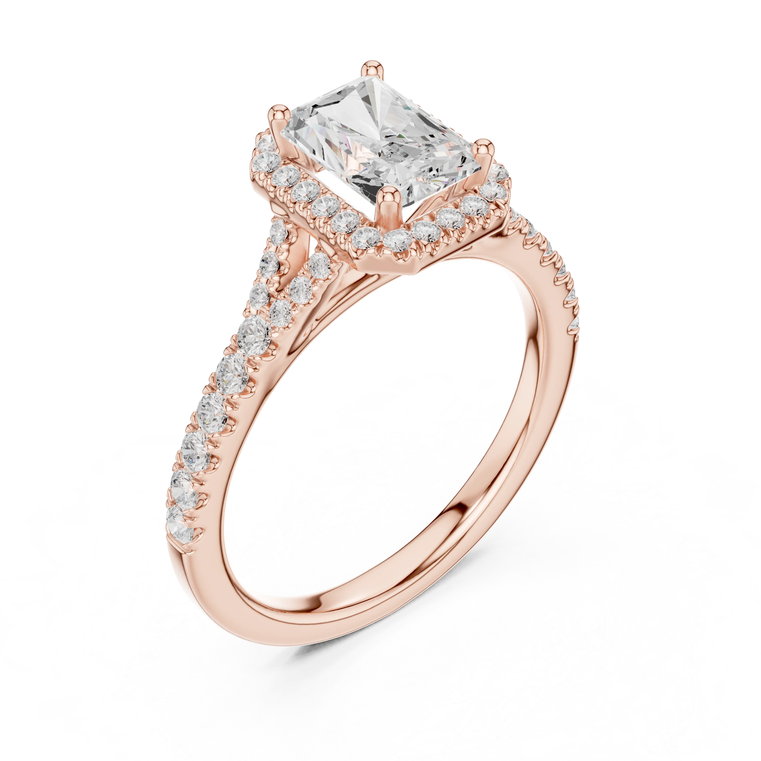 Front view of rose gold radiant halo ring with pavé split shank band and center diamond