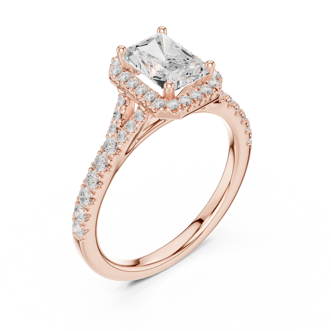 Front view of rose gold radiant halo ring with pavé split shank band and center diamond