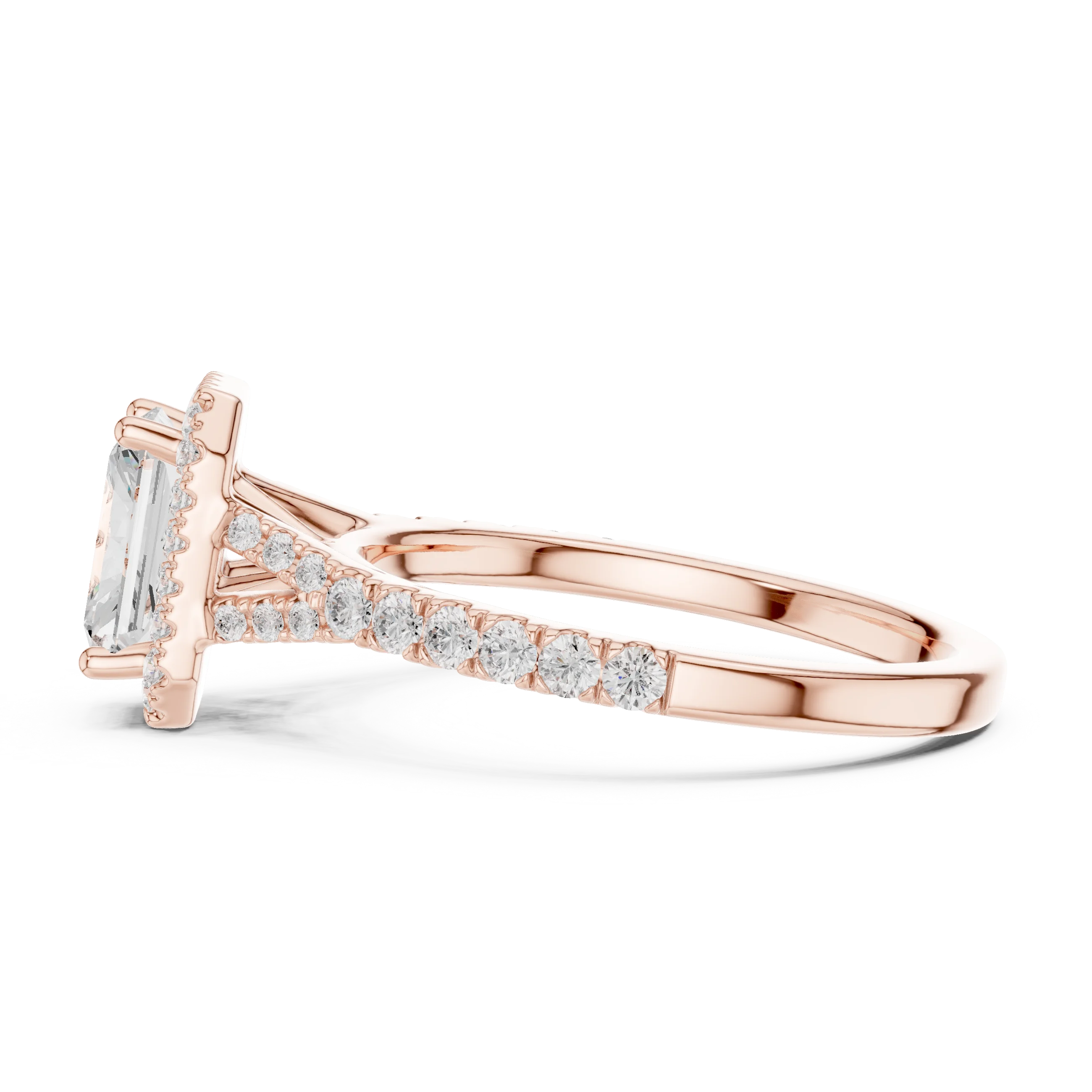 Side profile of rose gold radiant halo ring with pavé split shank band and elevated halo setting