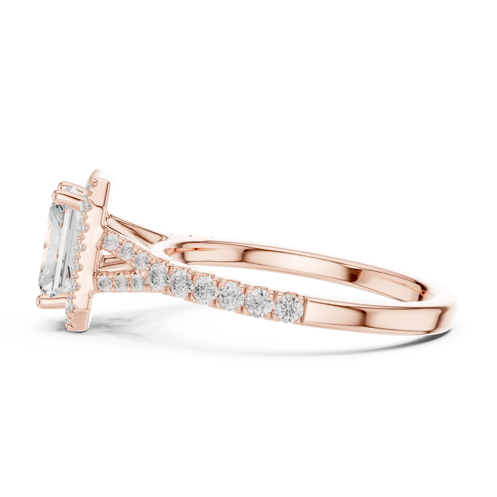 Side profile of rose gold radiant halo ring with pavé split shank band and elevated halo setting