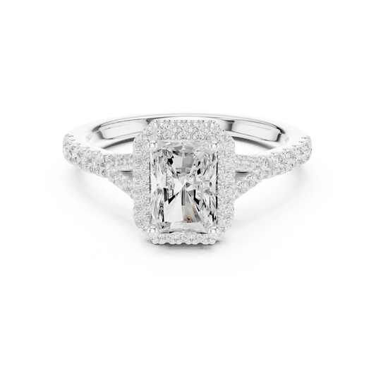 Lab-grown radiant halo diamond ring in white gold with pavé split shank band