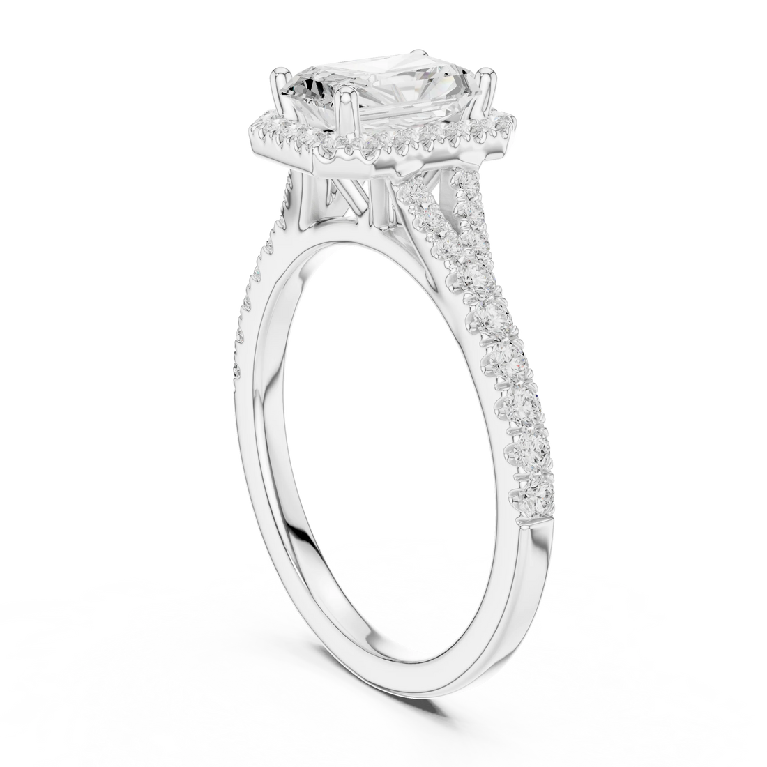 Back side view of white gold radiant halo ring showing pavé split shank band and setting details
