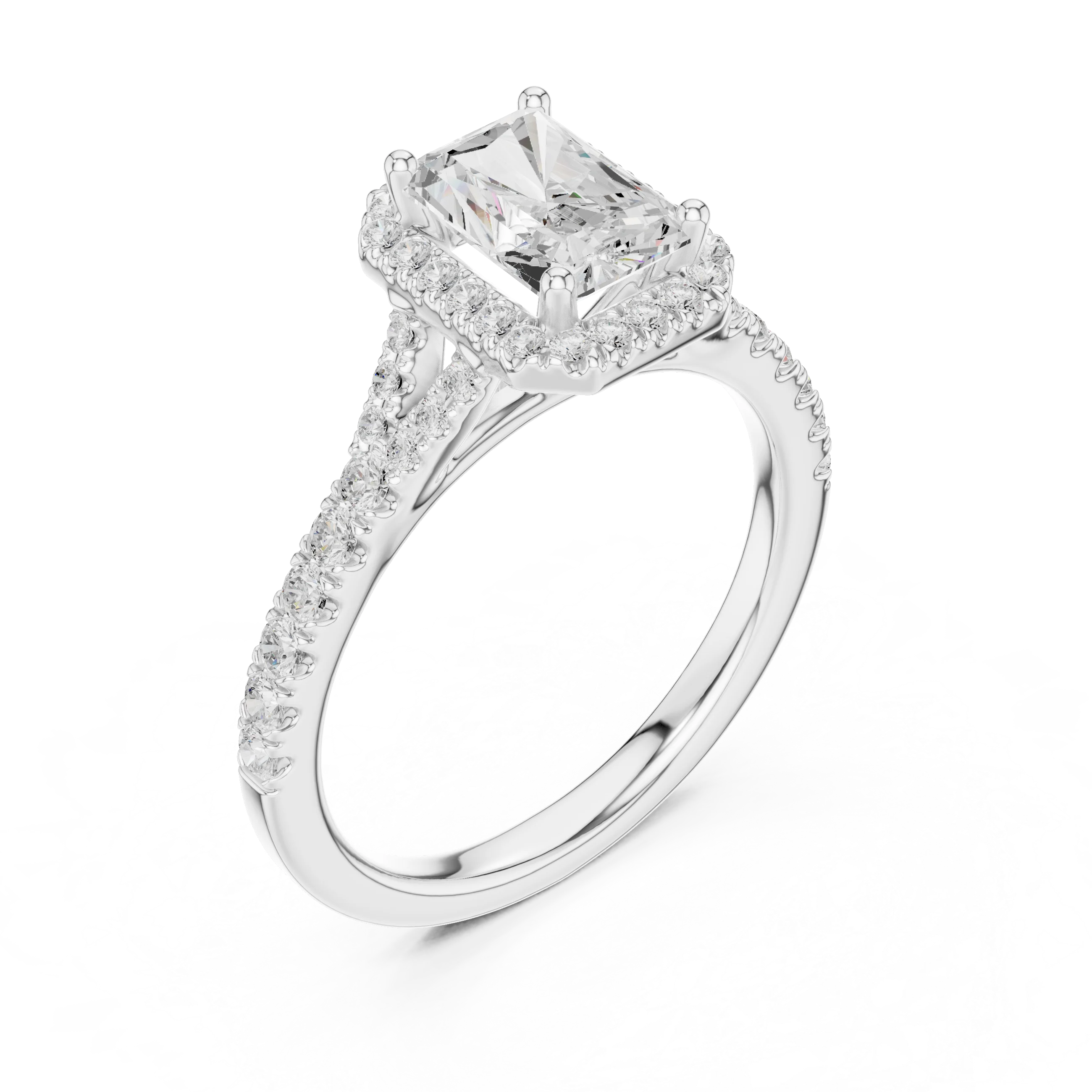 Front view of white gold radiant halo ring with pavé split shank band and center diamond