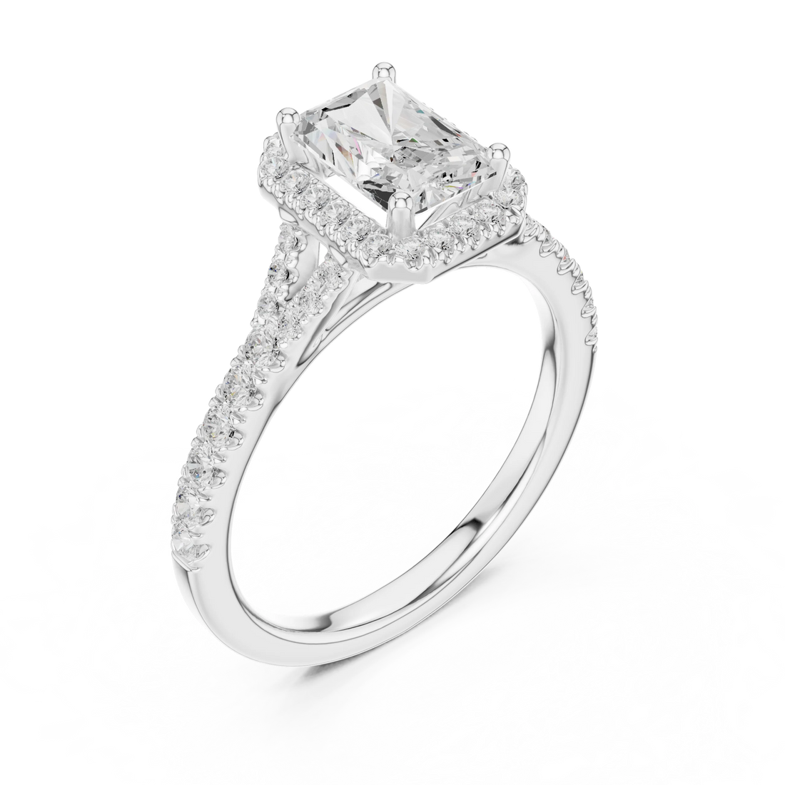 Front view of white gold radiant halo ring with pavé split shank band and center diamond