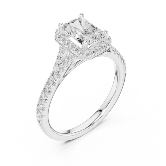 Front view of white gold radiant halo ring with pavé split shank band and center diamond