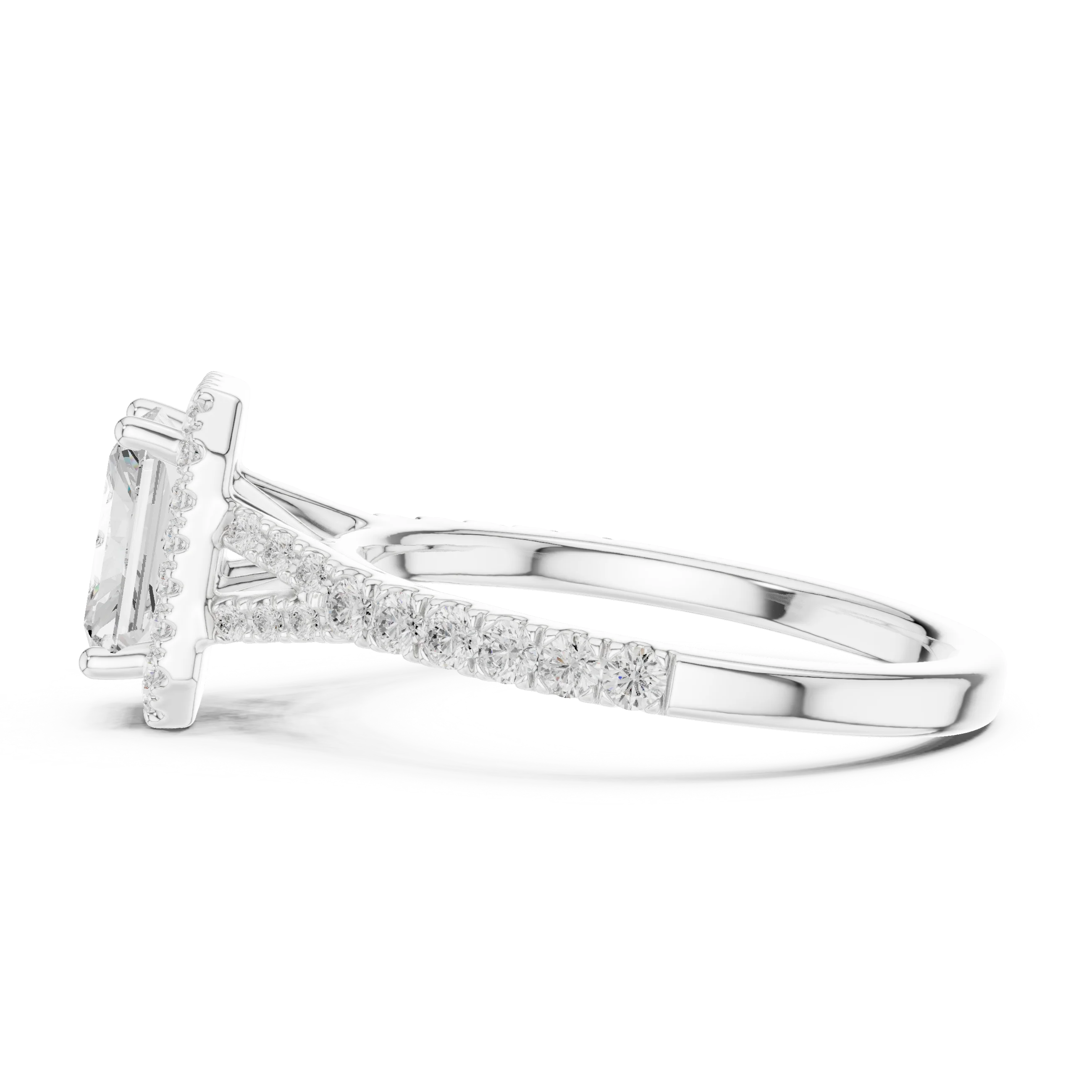 Side view of white gold radiant halo ring with pavé split shank band and elevated halo setting