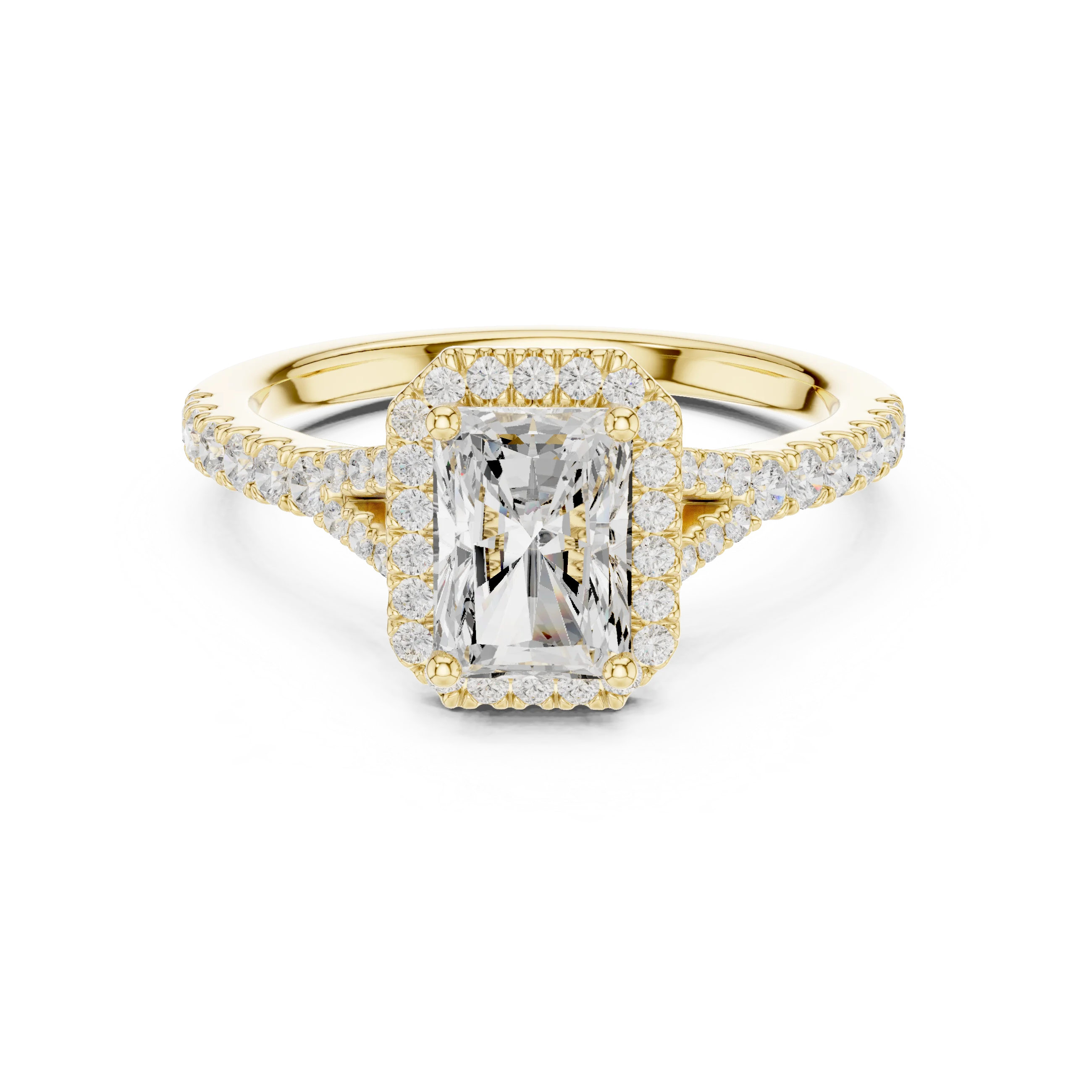 Lab-grown radiant halo diamond ring in yellow gold with pavé split shank band