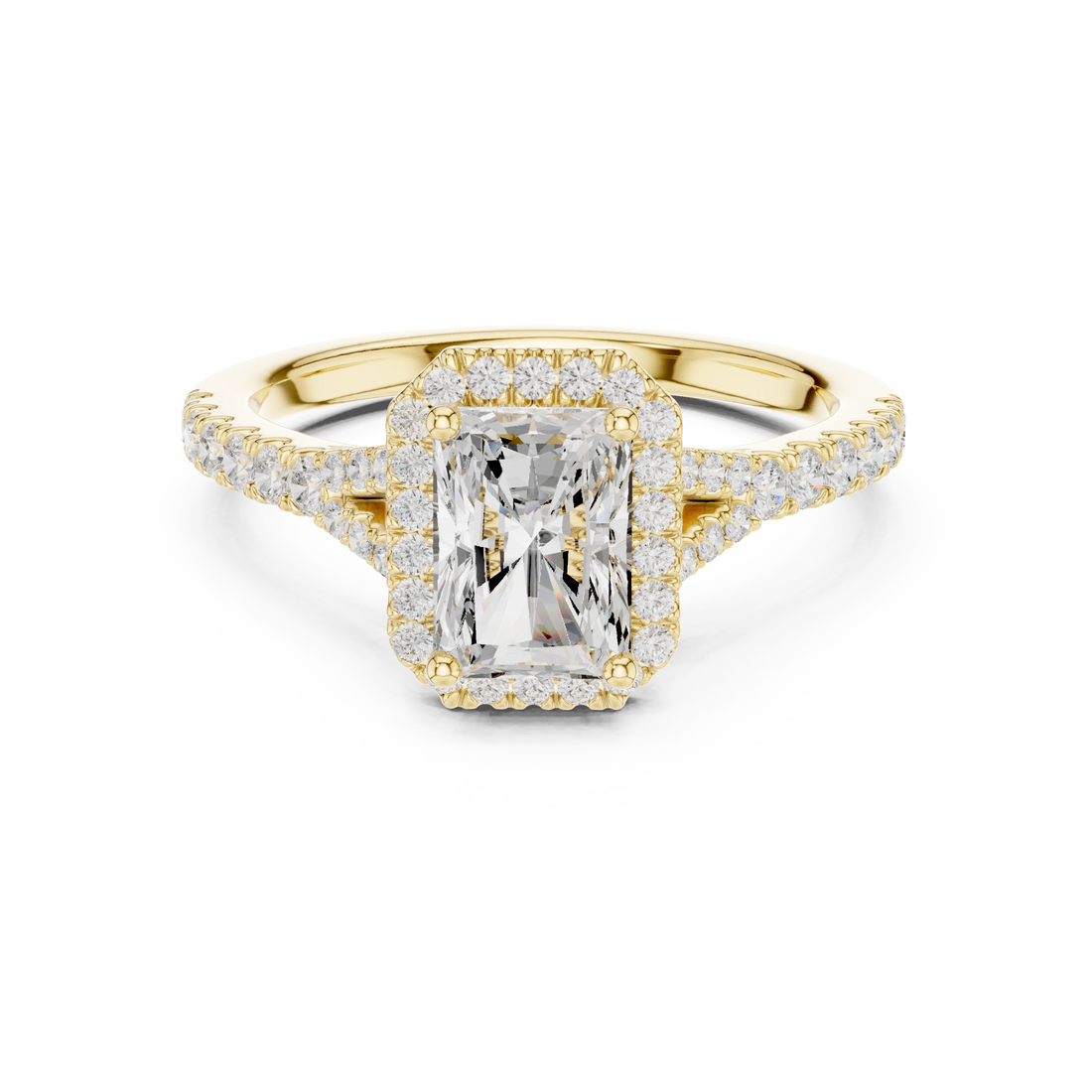 Lab-grown radiant halo diamond ring in yellow gold with pavé split shank band