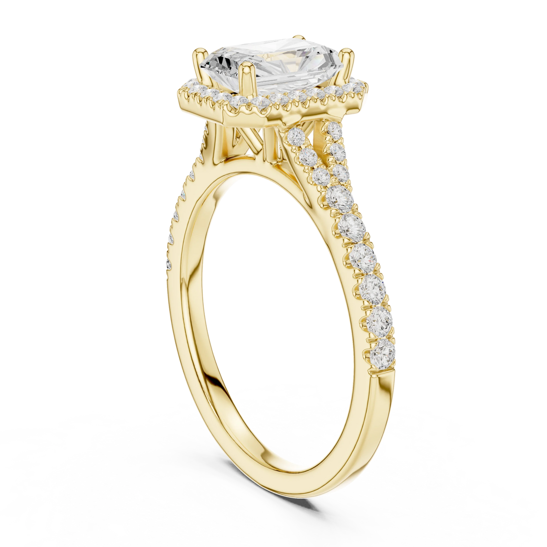 Back side view of yellow gold radiant halo ring showing pavé split shank band and setting structure