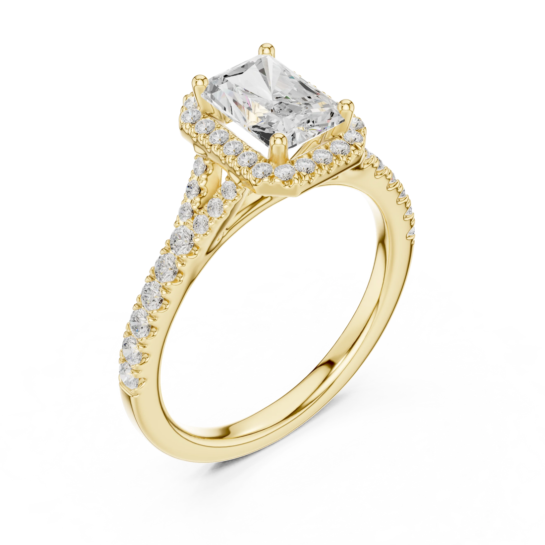 Front view of yellow gold radiant halo ring with pavé split shank band and center diamond