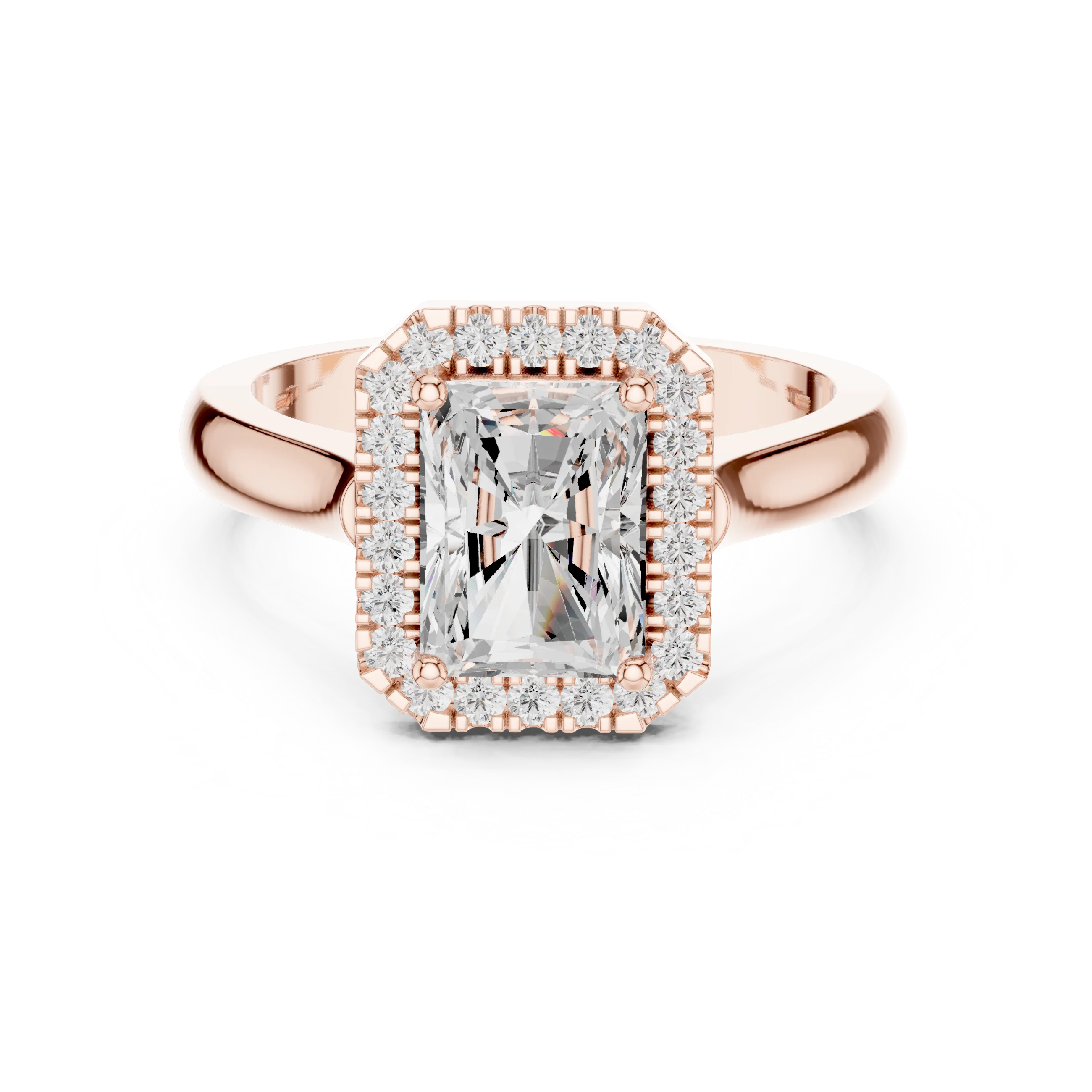 Radiant cut halo ring with lab-grown diamond in rose gold with modern romantic finish