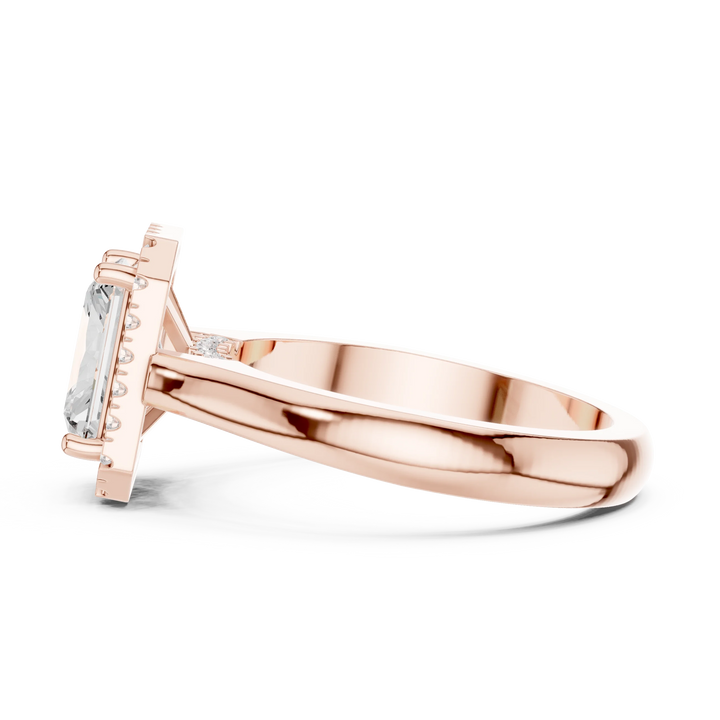Side view of rose gold radiant halo ring highlighting diamond setting and band profile