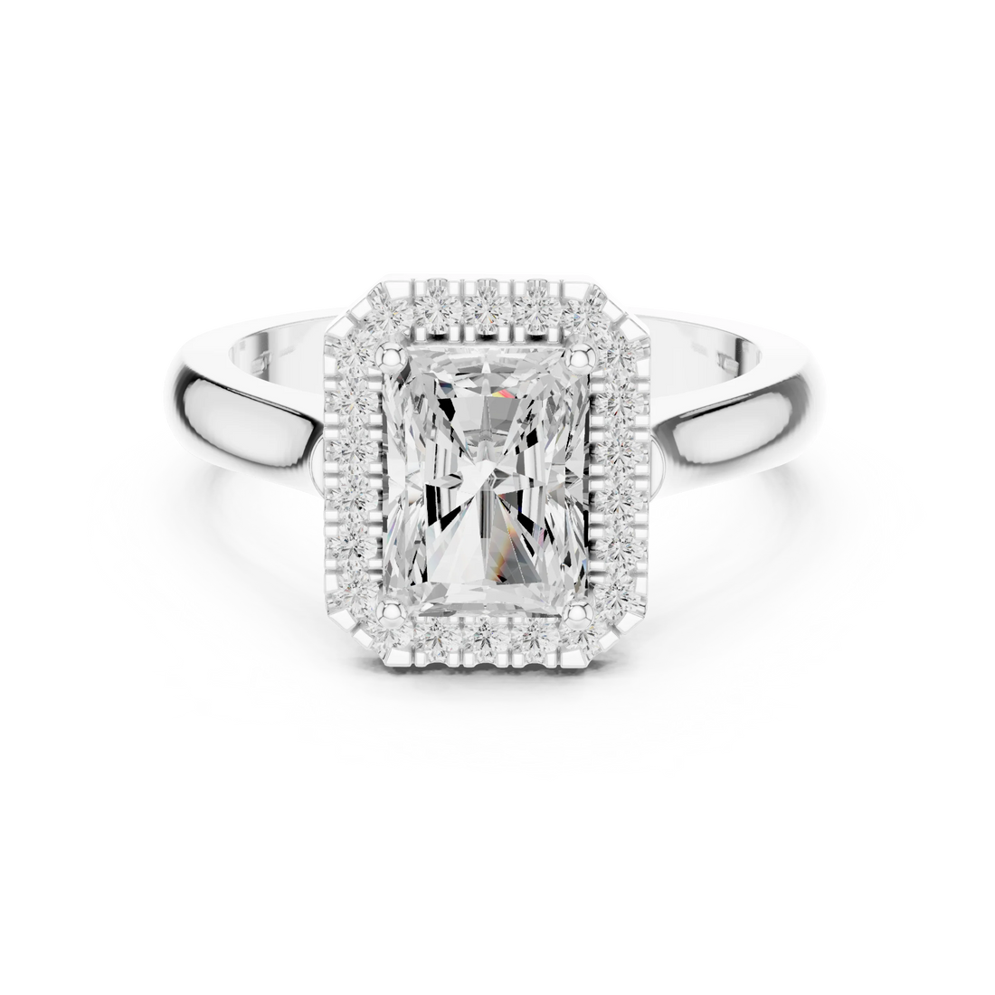 Radiant cut halo ring with lab-grown diamond in white gold, elegant and timeless design, Australia collection