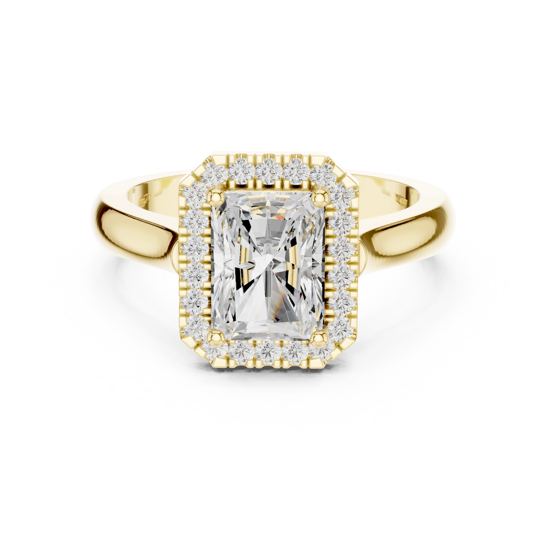 Radiant cut halo ring with lab-grown diamond in yellow gold with classic luxury appeal