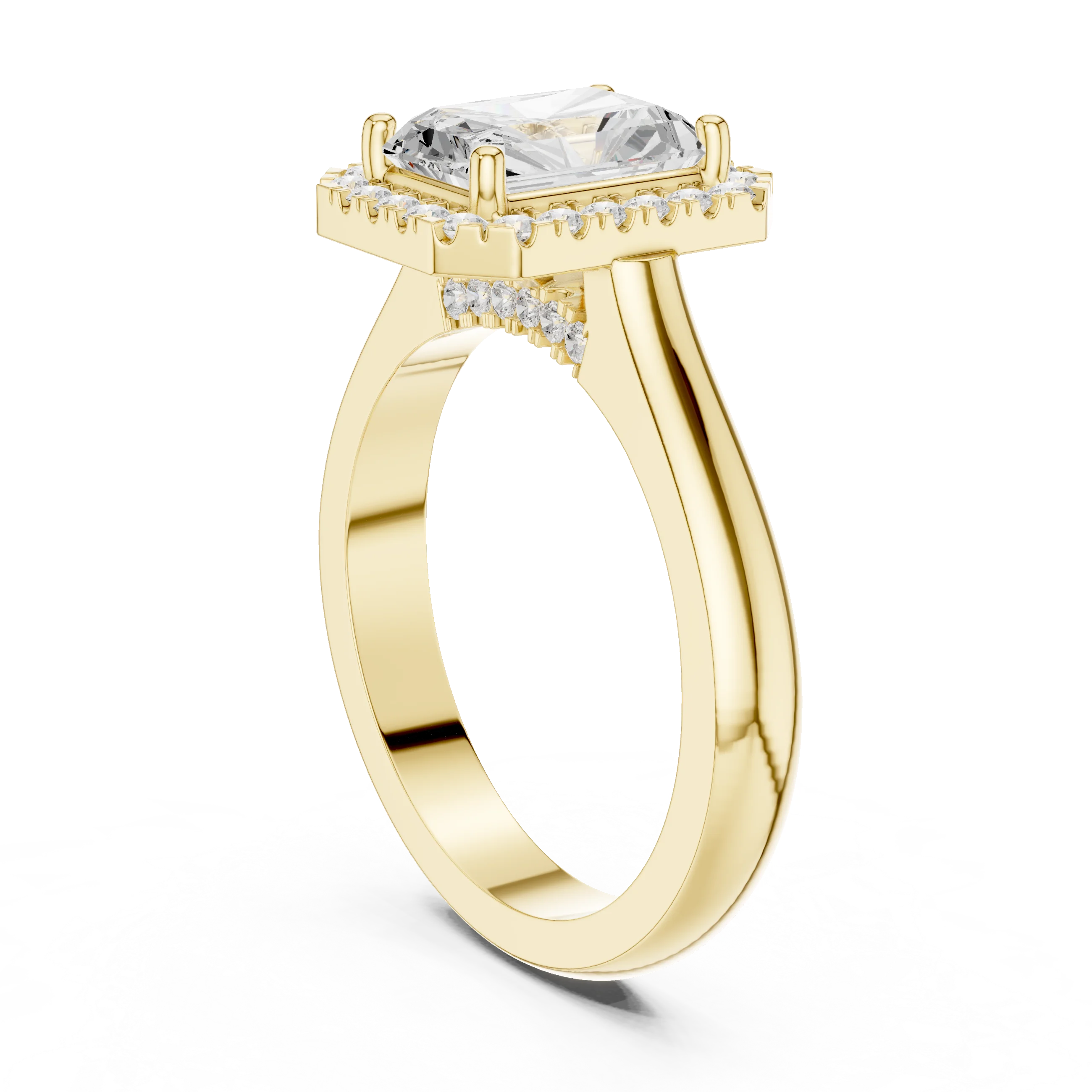 Back view of yellow gold radiant halo ring with lab-grown diamond and smooth band