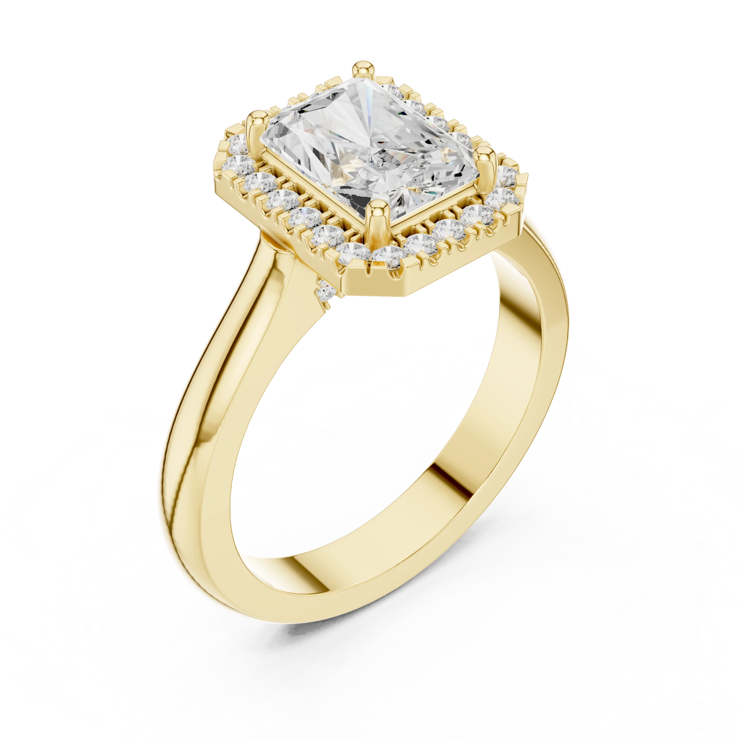 Front view of yellow gold radiant halo ring showcasing lab-grown diamond with halo design