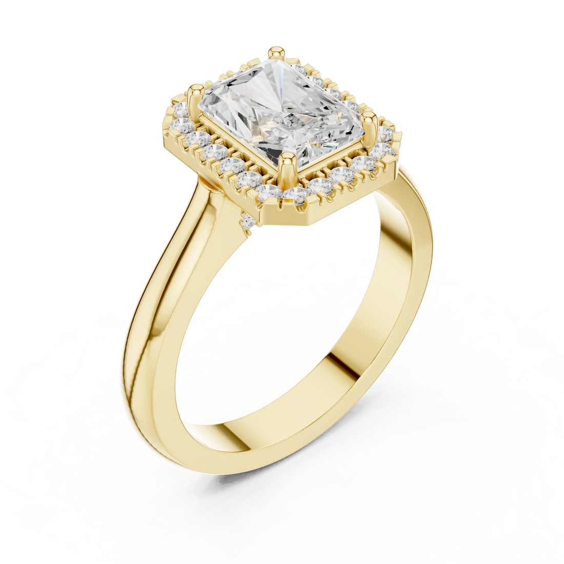 Front view of yellow gold radiant halo ring showcasing lab-grown diamond with halo design