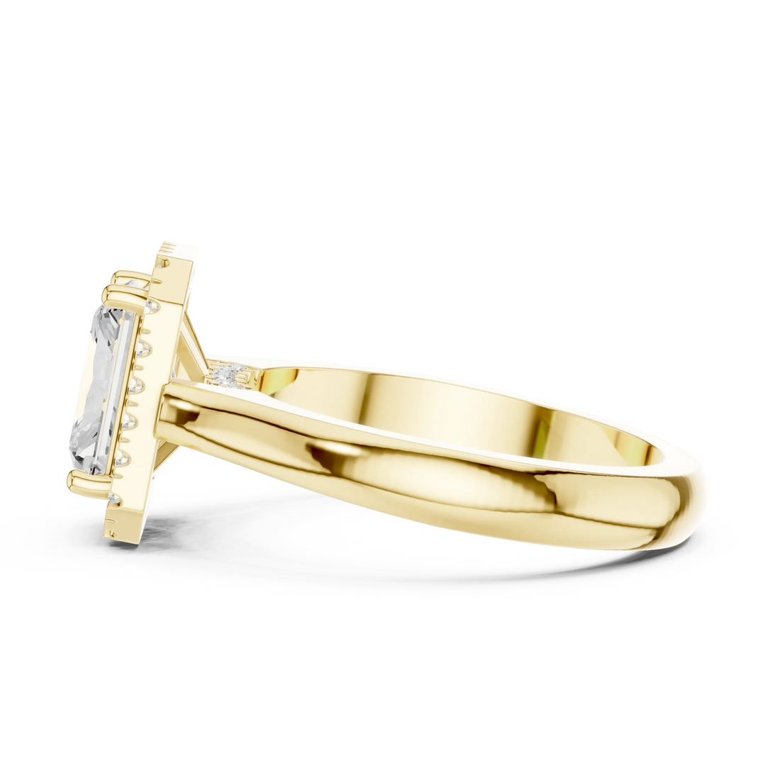 Side profile of yellow gold radiant halo ring highlighting diamond setting and structure