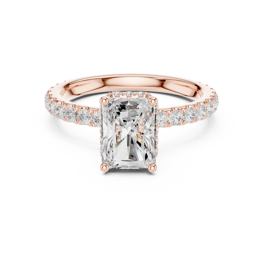 Radiant hidden halo ring in rose gold with pave diamond band and lab-grown diamond – Australia
