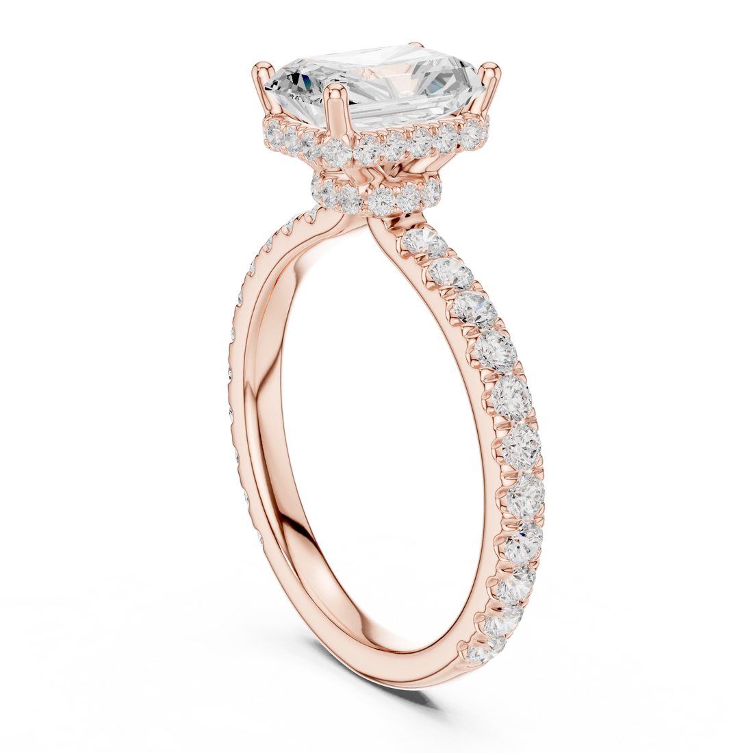Back view of rose gold radiant hidden halo ring with pave diamond band and lab-grown diamond – Australia