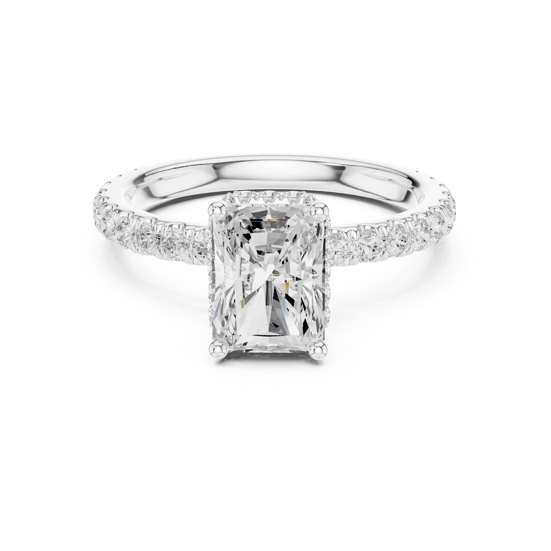 Radiant hidden halo ring in white gold with pave diamond band and lab-grown diamond – Australia