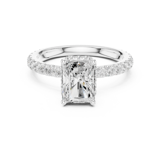 Radiant hidden halo ring in white gold with pave diamond band and lab-grown diamond – Australia