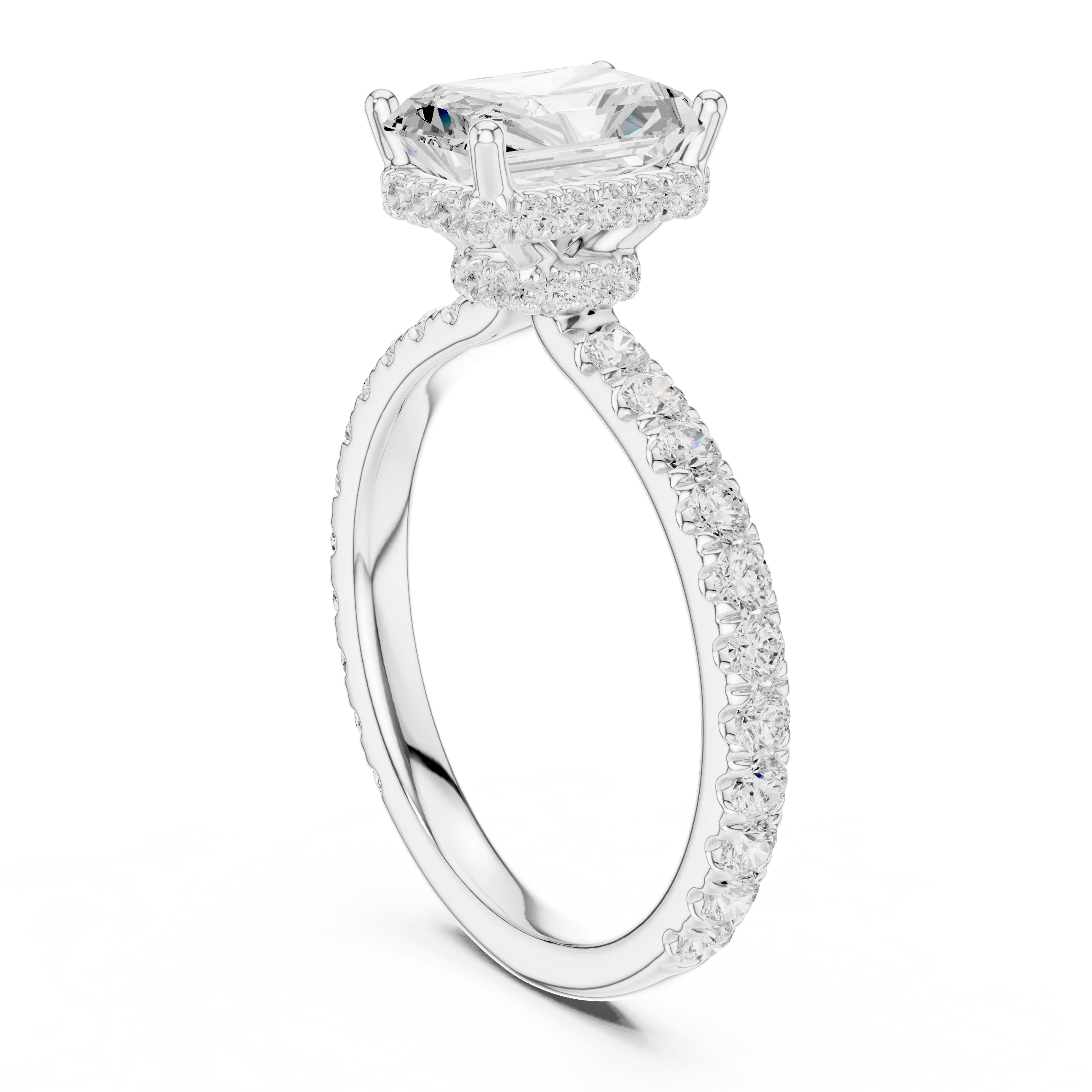Back view of white gold radiant hidden halo ring with pave diamond band and lab-grown diamond – Australia