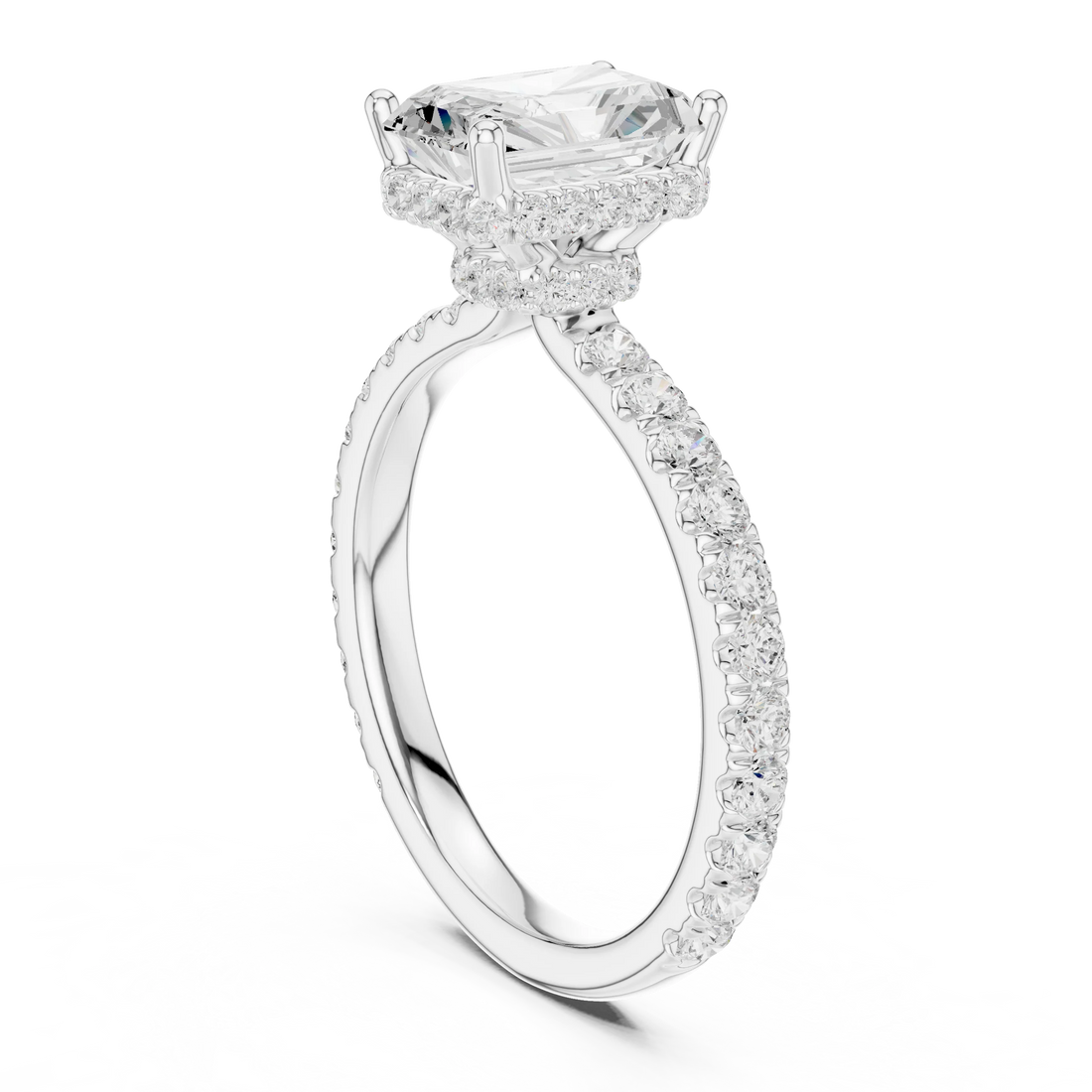 Back view of white gold radiant hidden halo ring with pave diamond band and lab-grown diamond – Australia