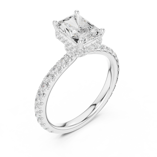Front view of white gold radiant hidden halo ring with pave diamond band and lab-grown diamond – Australia