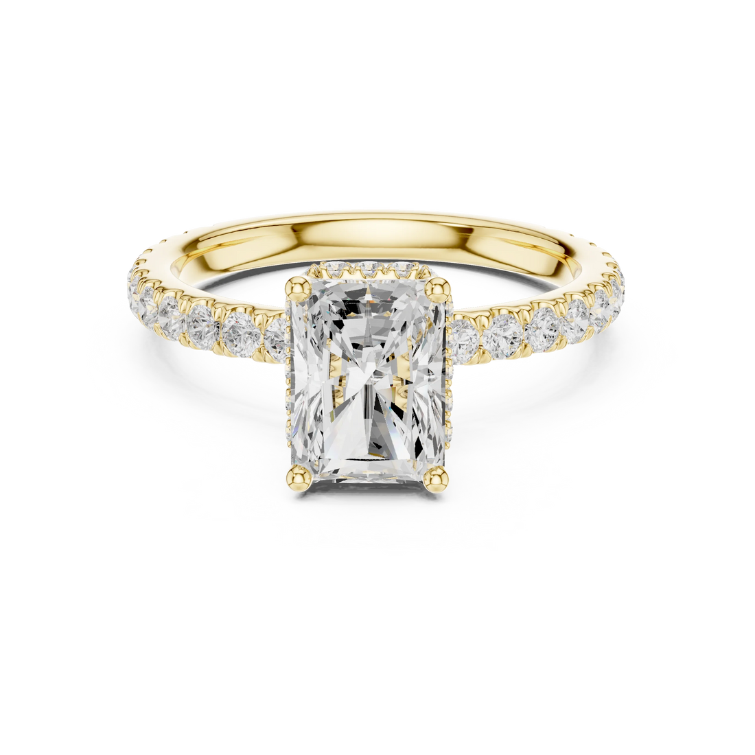 Radiant hidden halo ring in yellow gold with pave diamond band and lab-grown diamond – Australia