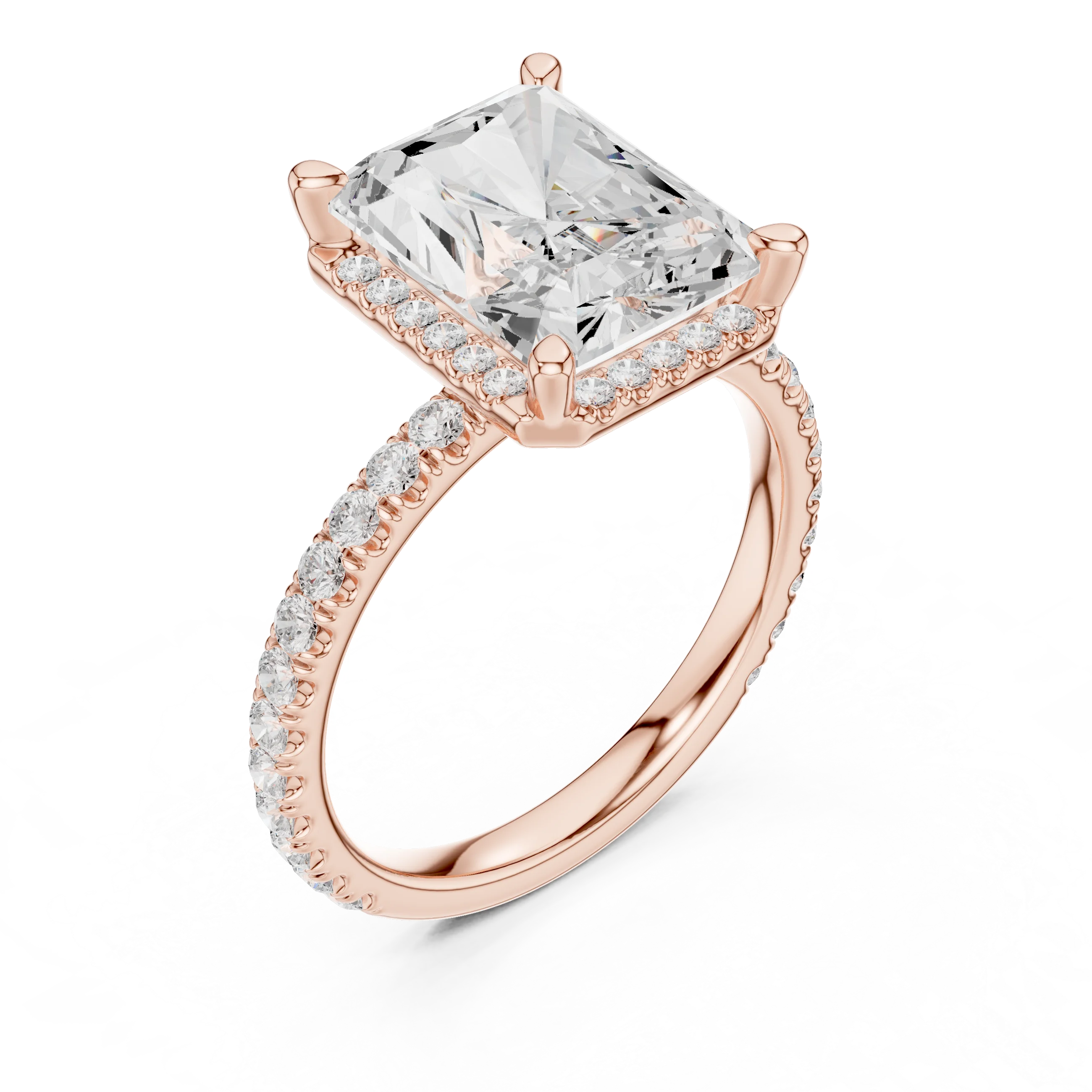 Front view of rose gold radiant cut micro halo ring with pavé diamond band and lab-created diamond