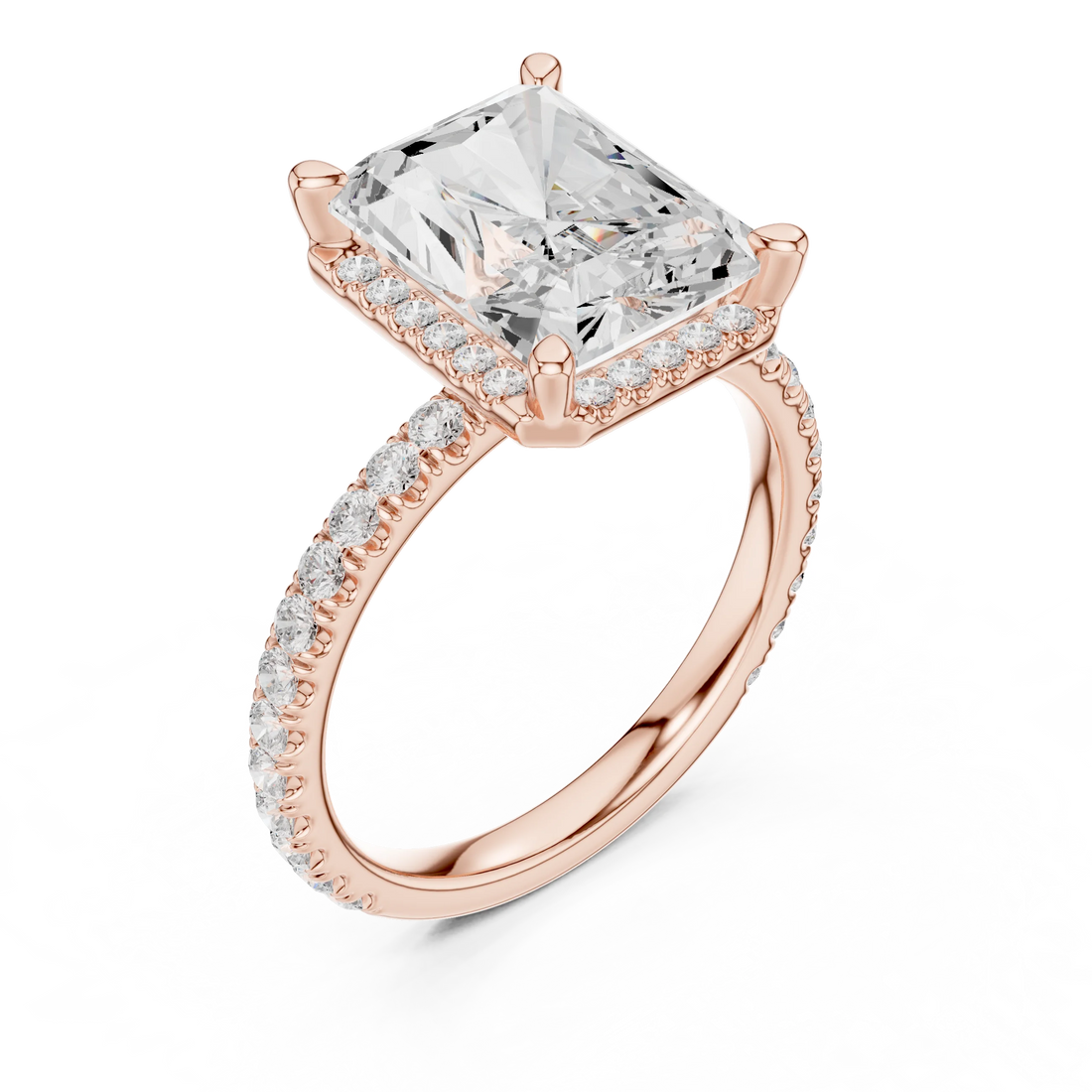 Front view of rose gold radiant cut micro halo ring with pavé diamond band and lab-created diamond