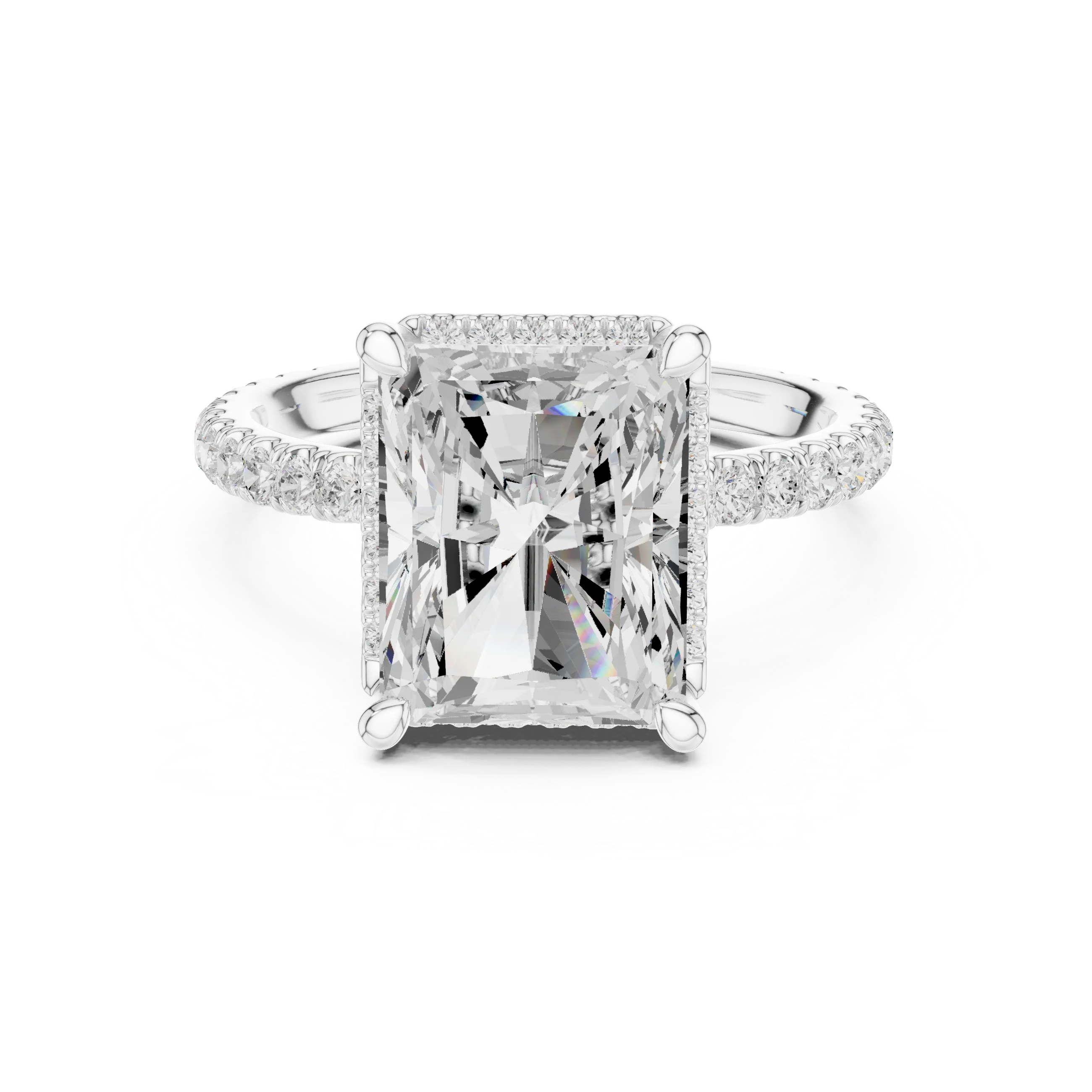 White gold radiant cut micro halo ring with pavé diamond band featuring lab-grown diamond, elegant sparkle design