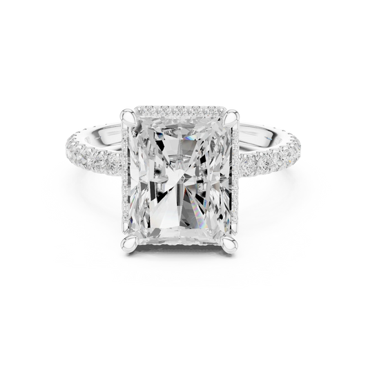 White gold radiant cut micro halo ring with pavé diamond band featuring lab-grown diamond, elegant sparkle design