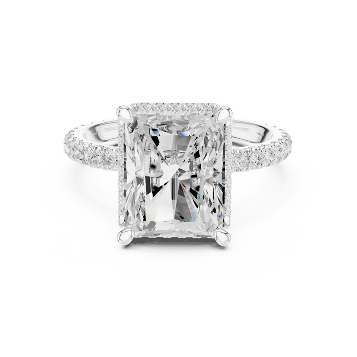 White gold radiant cut micro halo ring with pavé diamond band featuring lab-grown diamond, elegant sparkle design
