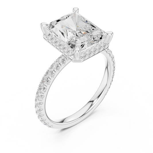 Front view of white gold radiant cut micro halo ring with pavé diamond band and lab-created diamond