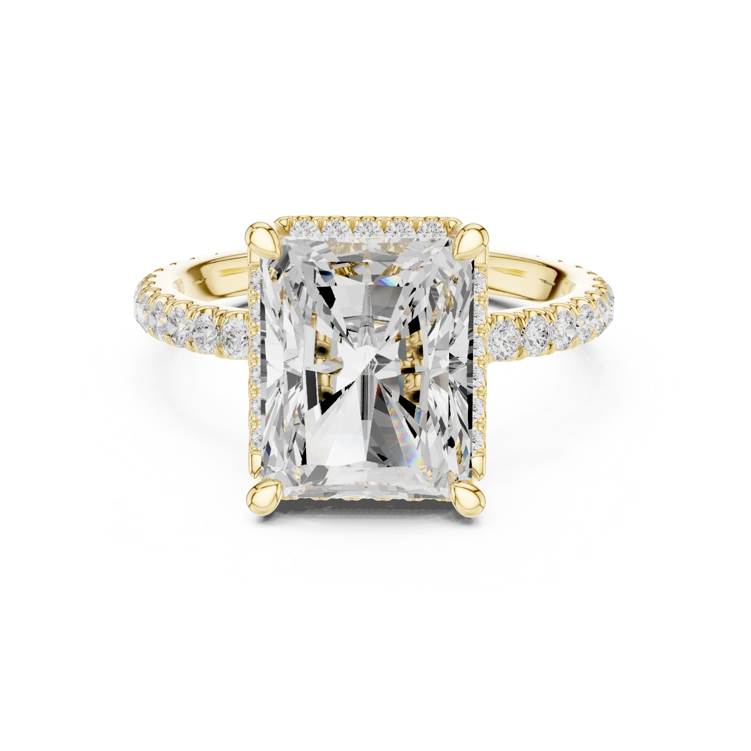Yellow gold radiant cut micro halo ring with pavé diamond band featuring lab-grown diamond, classic style