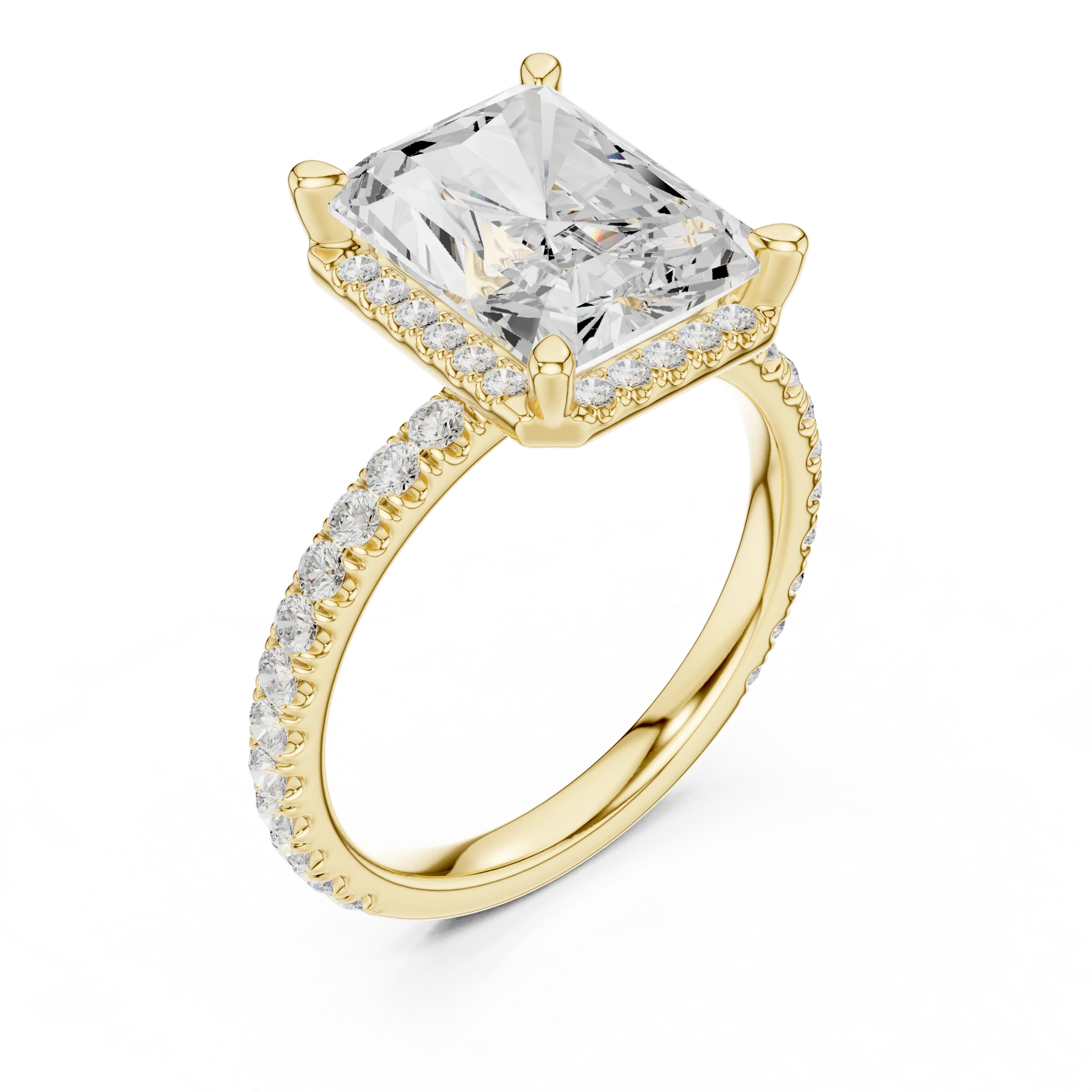 Front view of yellow gold radiant cut micro halo ring with pavé diamond band and lab-created diamond