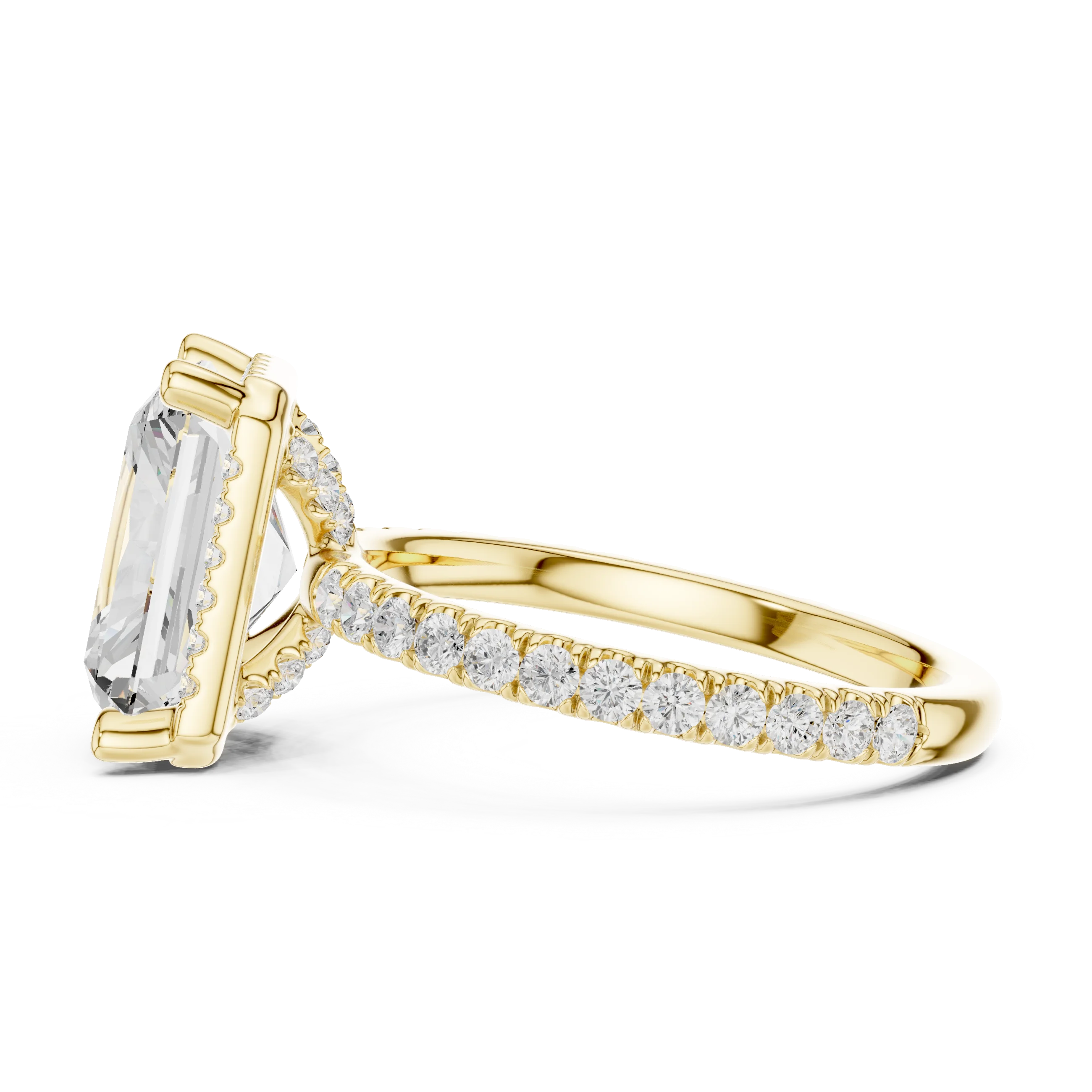 Side view of yellow gold radiant cut micro halo ring highlighting pavé diamond band and halo profile